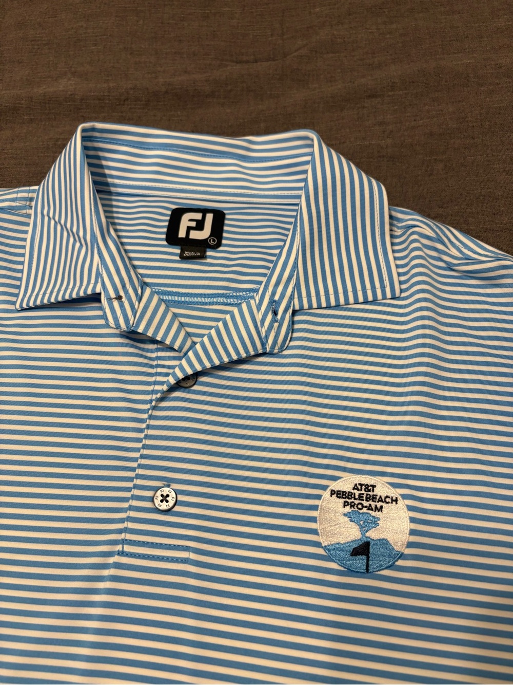 FootJoy Men’s Light Blue & White Striped Polo with Embroidered Pebble Beach Logo